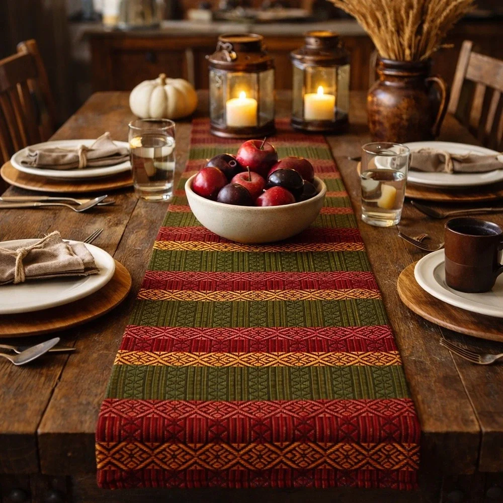 Tag Woven Cotton Table Runner 72x13 Southwest Geometric Green Red Yellow‎ India